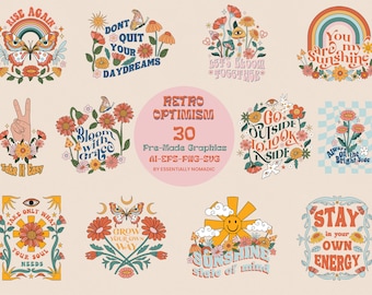 Pakiet clipartów SVG z afirmacją retro, modne cytaty z lat 70. w formacie PNG do sublimacji, grafiki na koszulki z hipisowskimi kwiatami, modne pozytywne powiedzenia