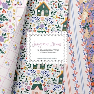 May include: A collection of floral seamless patterns with bunnies, houses, and flowers in pink, purple, and green. The patterns include the text "Springtime Blooms" and "10 Seamless Pattern".