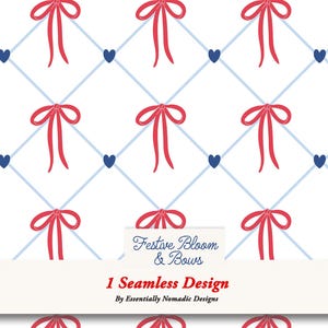 Könnte beinhalten: Nahtloses Design mit einem sich wiederholenden Muster aus roten Schleifen und marineblauen Herzen auf weißem Hintergrund. Hellblaue Linien bilden ein Gittermuster. Der Text lautet "Festive Bloom & Bows" und "1 Seamless Design".