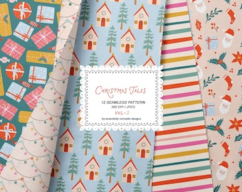 Christmas Seamless Pattern Bundle, Cute Retro Holiday Digital Paper Pack, Santa Stockings Snowman Ornaments Gift Wrap Print Set