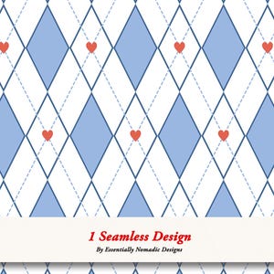 Può includere: Design senza cuciture con un motivo ripetuto di diamanti blu e bianchi, con cuori rossi. Il design include linee tratteggiate e il testo "1 Seamless Design By Essentially Nomadic Designs".