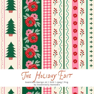May include: A festive seamless pattern with vertical stripes. The design features Christmas trees, red flowers, and floral elements on a cream background. The text "The Holiday Edit" is at the bottom. This design is perfect for holiday-themed products.