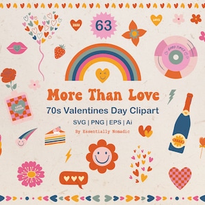 Groovy Valentines Day clipart, Romantic 70s Retro Love Heart Daisy Love Pills clipart set, Valentines Svg, Individual PNG digital download