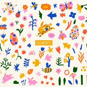 May include: A collection of colorful Easter-themed illustrations, including bunnies, eggs, flowers, butterflies, birds, and bees. The illustrations are in a whimsical, hand-drawn style and are perfect for adding a touch of spring to any project.