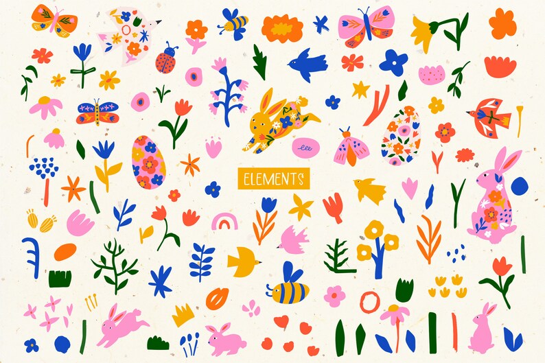 May include: A collection of colorful Easter-themed illustrations, including bunnies, eggs, flowers, butterflies, birds, and bees. The illustrations are in a whimsical, hand-drawn style and are perfect for adding a touch of spring to any project.