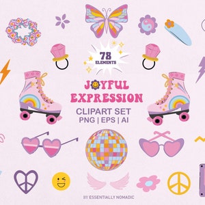 Y2K 90s Nostalgie Clipart Set PNG EPS Vektor Dateien, 90s Elements Digital File, Retro Grafikdesign 90s pink lila ästhetische Illustration