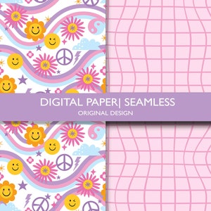 May include: Digital paper seamless design featuring a repeating pattern of smiley faces, flowers, peace signs, and rainbows on a white background. The design also includes a pink grid pattern. The text "DIGITAL PAPER | SEAMLESS" is visible.