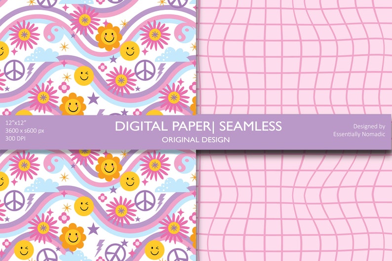 May include: Digital paper seamless design featuring a repeating pattern of smiley faces, flowers, peace signs, and rainbows on a white background. The design also includes a pink grid pattern. The text "DIGITAL PAPER | SEAMLESS" is visible.