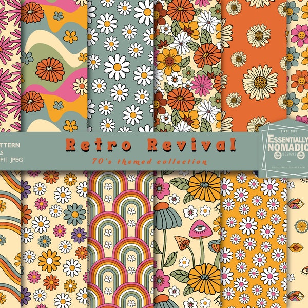 70s Retro Floral Digital Paper, Flower Seamless Pattern, Vintage Flowers Groovy scrapbook Summer digital paper, Retro pattern Commercial Use