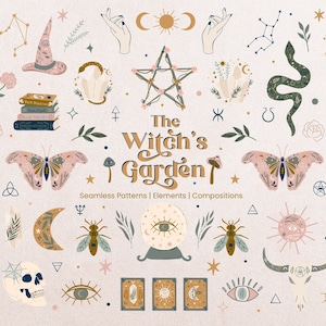Witch clipart Set,  Witchcraft graphic elements vector file, Wicca Symbols Occult PNG Herbs Cat illustration, Magic Academy clipart