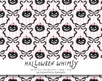 May include: A repeating pattern featuring black jack-o'-lanterns with pink bows, black bows, and vertical pink and white stripes. The words "HALLOWEEN WHIMSY" are at the bottom of the image.