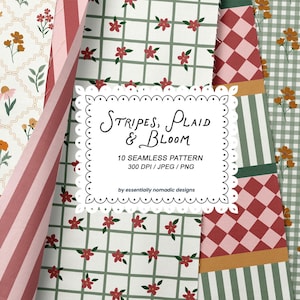 Peut inclure: Dix motifs sans couture avec des motifs floraux, rayés et à carreaux. Les motifs présentent des arrangements floraux, des rayures roses et blanches, et des carreaux rouges et blancs. Le texte "Stripes, Plaid & Bloom" est affiché.