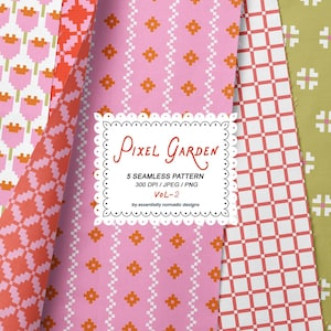 Könnte beinhalten: Fünf nahtlose Muster in Rosa, Orange und Grün mit pixeligen Blumen- und geometrischen Designs. Das Bild enthält den Text "Pixel Garden" und "5 Seamless Pattern". Geeignet für verschiedene Bastelprojekte.