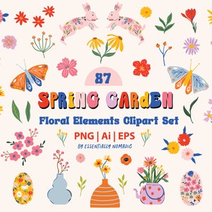 Fleurs printanières mignonnes Clipart Set, clipart d’éléments floraux lumineux, fleurs de jardin de printemps PNG, outils de jardinage, clipart de lapin aux œufs de Pâques