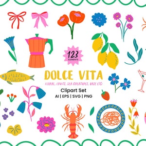 Süßes Leben Floral Clip Art, abstrakte handgezeichnete Illustrationen, Hummer Fisch Zitrone Kirsche Sommer Clipart Elemente, helle Farbe italienische Ikonen