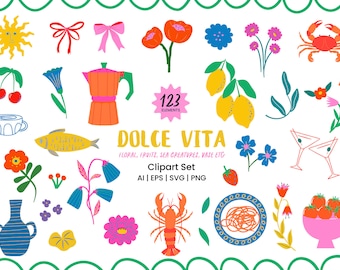 Clipart floral douce vie, illustrations abstraites dessinées à la main, homard poisson citron cerise été éléments clipart, icônes italiennes de couleurs vives