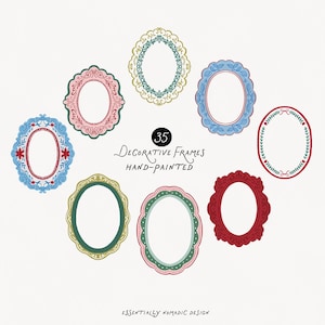 May include: A collection of eight hand-painted, oval decorative frames in various colors, including red, blue, green, and pink. The frames have ornate designs and are arranged on a white background. Text reads "35 Decorative Frames Hand-Painted."