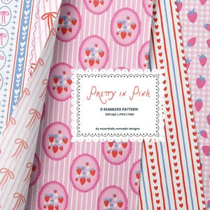 Grand Millennial Strawberry Digital Paper Pack, Cute Bow & Gingham Patterns, Pink Red Valentine Seamless Prints for Fabric