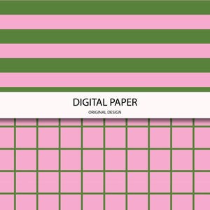 May include: Digital paper design featuring a pink and green color scheme. The top portion has horizontal green stripes alternating with pink stripes. The bottom portion has a pink grid pattern with green lines. The text "DIGITAL PAPER" is displayed.