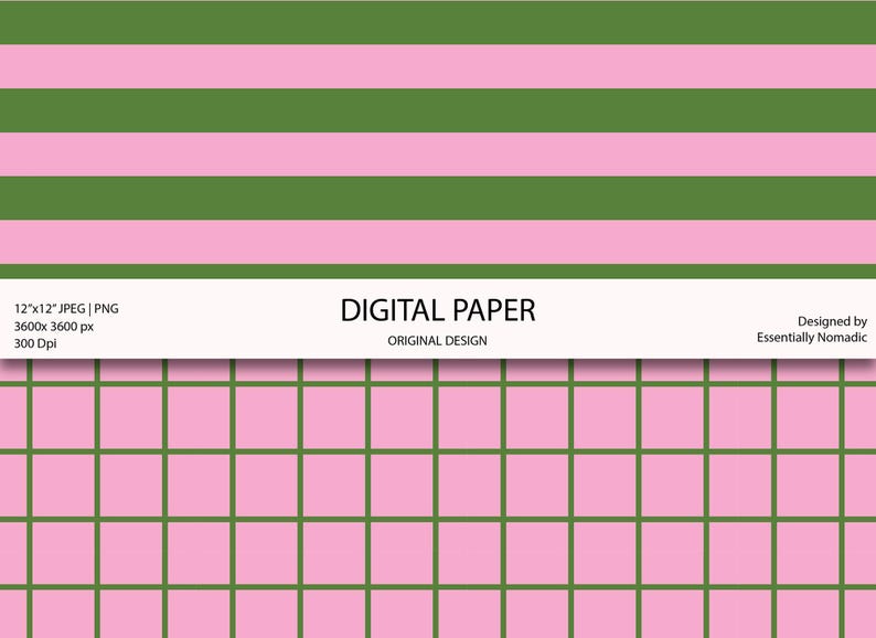 May include: Digital paper design featuring a pink and green color scheme. The top portion has horizontal green stripes alternating with pink stripes. The bottom portion has a pink grid pattern with green lines. The text "DIGITAL PAPER" is displayed.