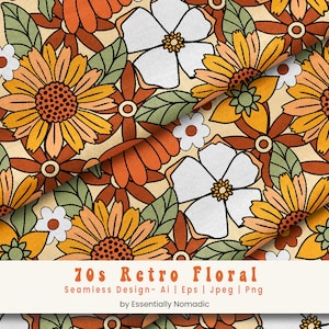 Jaren 70 retro bloemmotief, groovy bloemen digitaal papier, botanisch patroon, retro bloemenachtergrond, commercieel gebruik vectorbestand, hippie zomer