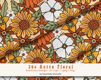 70s Retro Floral Seamless Pattern, Groovy Botanical Digital Paper, Retro flowers repeating design fro Fabric, Home Decor, Wallpaper