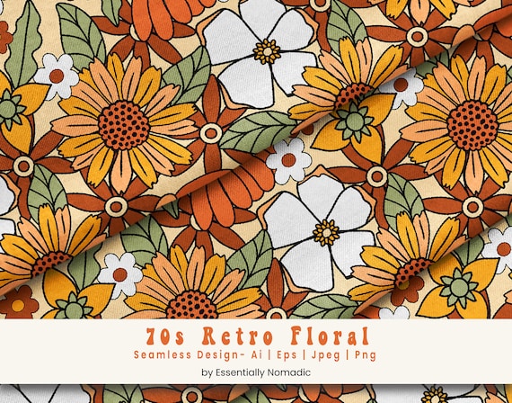 70s Retro Floral Pattern, Groovy Botanical Print (Digital Download)