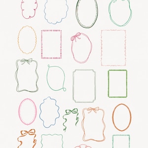May include: A collection of hand-drawn frames and borders in various shapes and colors, including blue, pink, green, and orange. The text "TROPICAL ESCAPE DIY CARD & INVITE KIT" is at the top. The bottom right corner reads "BY ESSENTIALLY NOMADIC DESIGN."