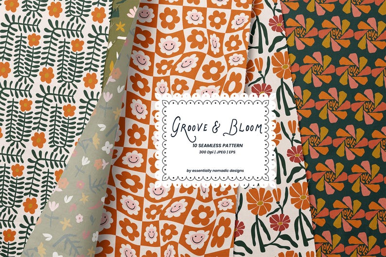 Groovy Floral Seamless Pattern Set, Botanical Digital Paper for Fabric ...