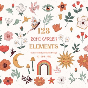 Boho Bloemen Clipart, jaren '70 Retro Botanische Bloem Clip Art, Vintage Bloem Illustratie Elementen PNG vector, Hippie Clipart, Groovy Clipart