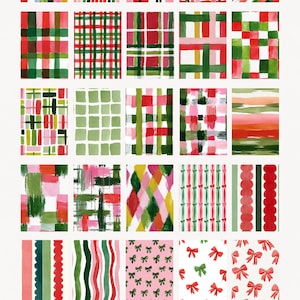 May include: A selection of 60 watercolour backgrounds in a 5:7 ratio, showcasing diverse patterns. Designs include plaid, stripes, and bow motifs in red, green, pink, and gold. The text "MERRY BRUSHSTROKES" is at the top.