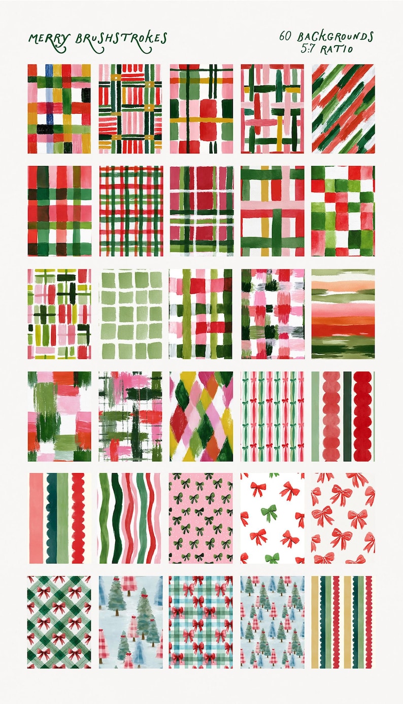 May include: A selection of 60 watercolour backgrounds in a 5:7 ratio, showcasing diverse patterns. Designs include plaid, stripes, and bow motifs in red, green, pink, and gold. The text "MERRY BRUSHSTROKES" is at the top.