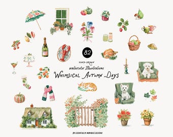 May include: Watercolor illustrations of whimsical autumn days. The image features a collection of hand-drawn images, including a house, a cat, a dog, a lobster, a bottle of champagne, and various other fall-themed items.