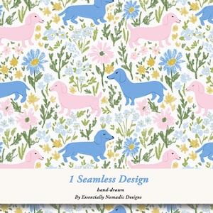 May include: A seamless design featuring hand-drawn illustrations of pink and blue dachshunds interspersed with flowers in shades of pink, blue, and yellow on a white background. The text "1 Seamless Design" is displayed at the bottom.