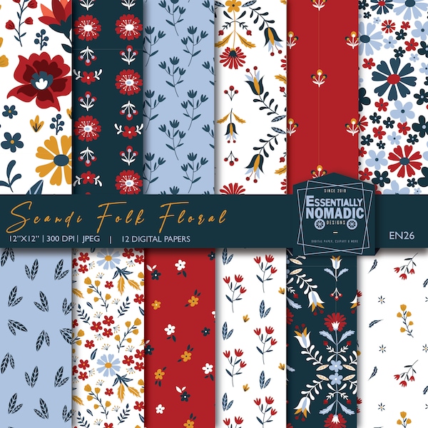 Scandinavian Floral Digital Paper Pack, Spring Seamless Pattern Norwegian folk art Floral, Nordic Pattern Botanical Red Blue Flower Paper