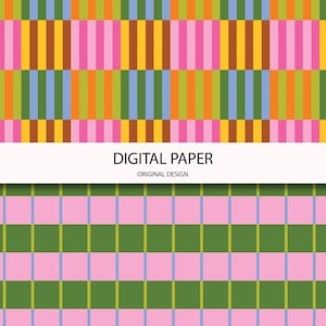 May include: Digital paper with two distinct patterns. The top pattern features vertical stripes in pink, orange, yellow, green, and blue. The bottom pattern has a grid of pink and green squares. The text "DIGITAL PAPER" is displayed.