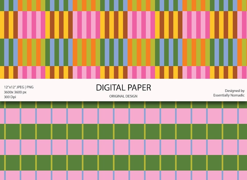 May include: Digital paper with two distinct patterns. The top pattern features vertical stripes in pink, orange, yellow, green, and blue. The bottom pattern has a grid of pink and green squares. The text "DIGITAL PAPER" is displayed.