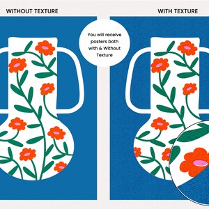 K&ouml;nnte beinhalten: Zwei Illustrationen einer wei&szlig;en Vase mit roten Blumen und gr&uuml;nen Bl&auml;ttern auf blauem Hintergrund. Die Vase links ist ohne Textur, w&auml;hrend die Vase rechts einen strukturierten Hintergrund hat. Der Text "You will receive both posters with & Without Texture" befindet sich in der Mitte des Bildes.