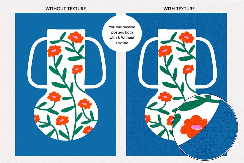 K&ouml;nnte beinhalten: Zwei Illustrationen einer wei&szlig;en Vase mit roten Blumen und gr&uuml;nen Bl&auml;ttern auf blauem Hintergrund. Die Vase links ist ohne Textur, w&auml;hrend die Vase rechts einen strukturierten Hintergrund hat. Der Text "You will receive both posters with & Without Texture" befindet sich in der Mitte des Bildes.