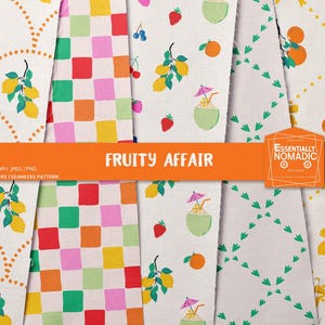 Papier numérique Fruits d'été, motif sans couture vibrant, agrumes, citron, cerise, motif estival, scrapbooking et impression sur tissu cottagecore
