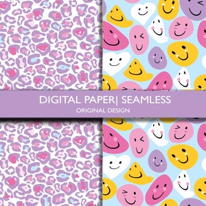 May include: Two digital paper designs. One features a leopard print in shades of pink, purple, and blue on a white background. The other has a light blue background with smiling faces, hearts, and abstract shapes in yellow, pink, and purple. Text reads "DIGITAL PAPER | SEAMLESS".