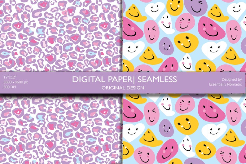 May include: Two digital paper designs. One features a leopard print in shades of pink, purple, and blue on a white background. The other has a light blue background with smiling faces, hearts, and abstract shapes in yellow, pink, and purple. Text reads "DIGITAL PAPER | SEAMLESS".