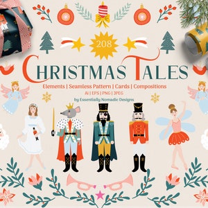 Conjunto de clipart de quebra-nozes de Natal, papel digital de Natal, conto de fadas de balé, feriado, padrão sem costura, cartão de felicitações, calendário de advento