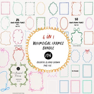Watercolor Whimsical Frames Bundle – 175 Hand-drawn Coquette Bow Wavy Squiggle Invitation Borders Clipart PNG for Wedding Bachelorette Party