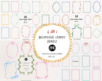 Watercolor Whimsical Frames Bundle – 175 Hand-drawn Coquette Bow Wavy Squiggle Invitation Borders Clipart PNG for Wedding Bachelorette Party