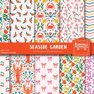 Digitaal bloemenpapier, naadloos schaaldierpatroon krab, kreeft, kers, strik, kleurrijk zomer helder bloemenpatroon, plakboek en stoffenprint