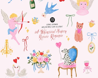 May include: A collection of hand-drawn Valentine's Day clipart featuring cherubs, swans, a Dalmatian, and floral arrangements. Includes a champagne bottle, a blue bird with a letter, and the text "A Whimsical Modern Rococo Romance."