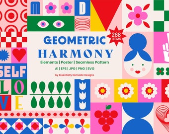 Colorful Geometric Clipart Set, Bauhas inspired Shapes, Grid Posters, Seamless Pattern, Geometric flowers, Canva Compatible Svg, Vector File