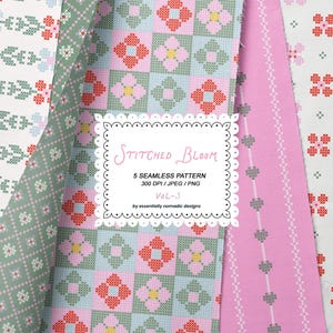 Vintage Embroidery Style Seamless Pattern, Geometric Floral Cross-Stitch, Grandmacore Digital Fabric, Spring Folk Floral Background