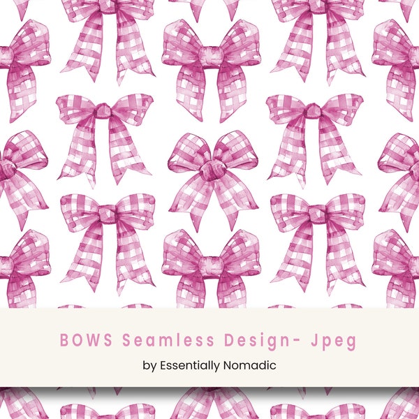 Pink Gingham Bows Coquette Seamless Pattern, Cute Preppy Watercolor Pink ribbon Bow, Junk Journal  Sublimation Girl Preppy Fabric Pattern